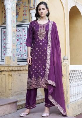 Purple Lace Work Silk Kurta Set