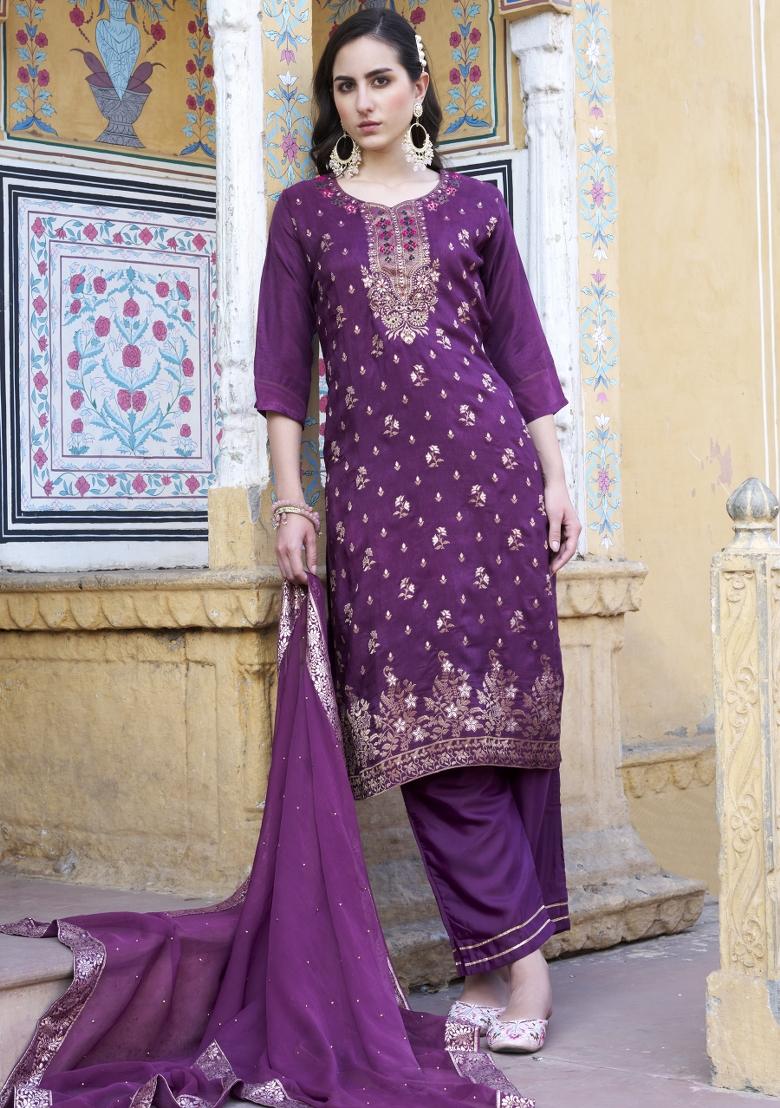 Purple Lace Work Silk Kurta Set - Indya