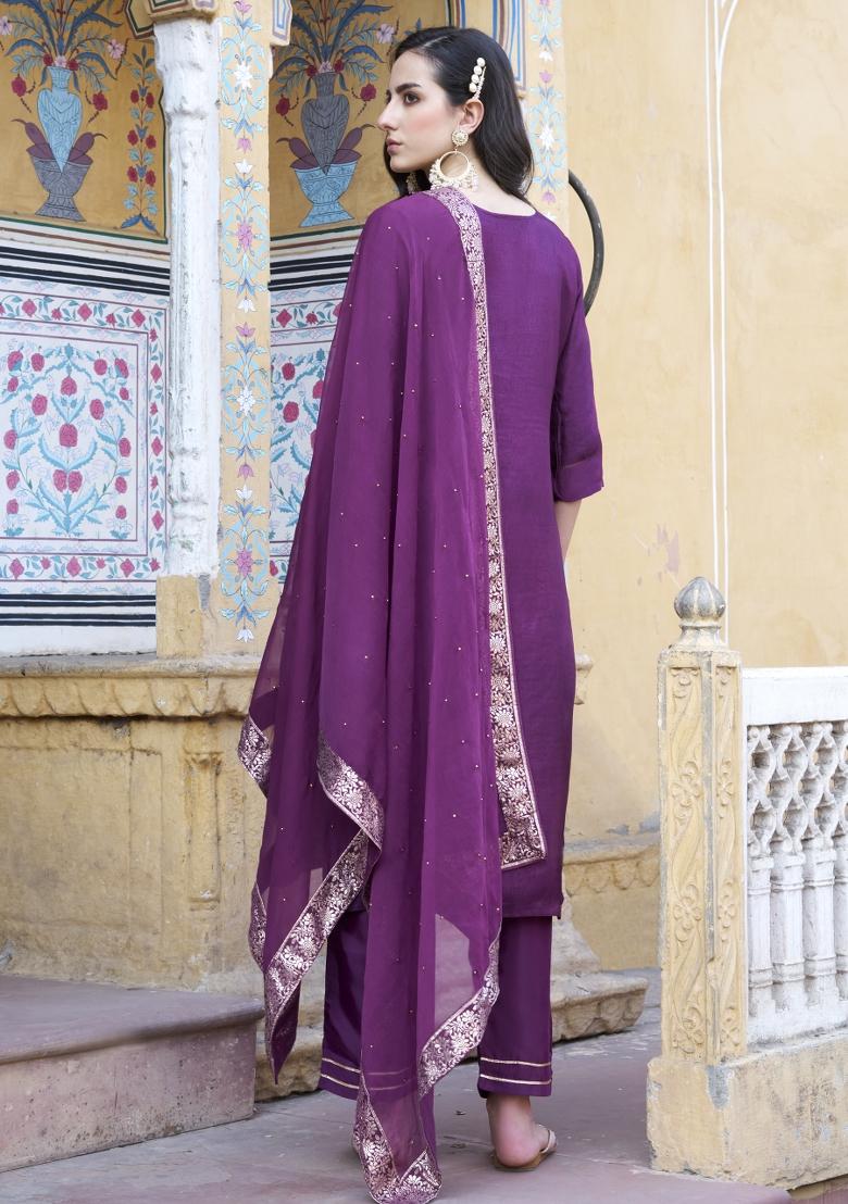 Purple Lace Work Silk Kurta Set - Indya