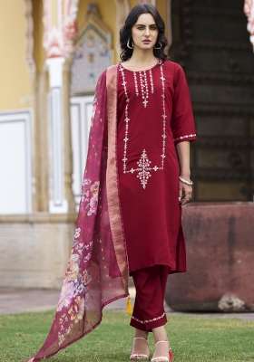 Maroon Printed Silk Kurta Set