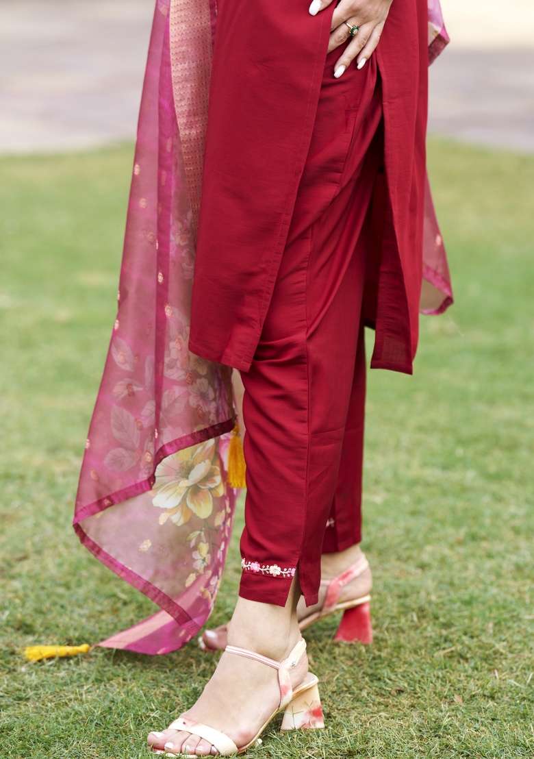 Maroon Printed Silk Kurta Set - Indya
