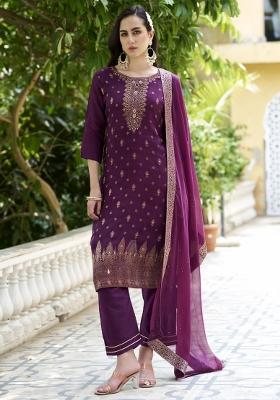 Purple Lace Work Silk Kurta Set