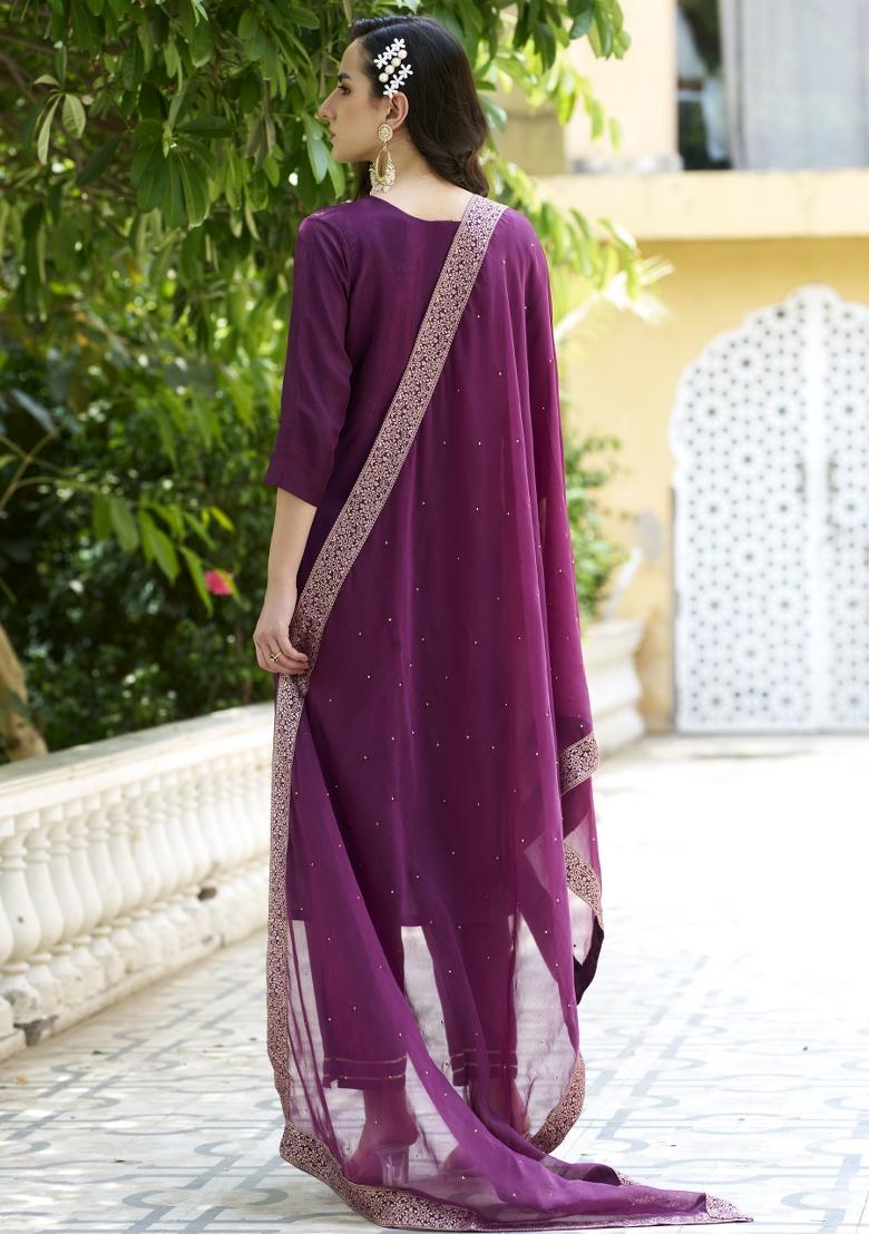 Purple Lace Work Silk Kurta Set - Indya