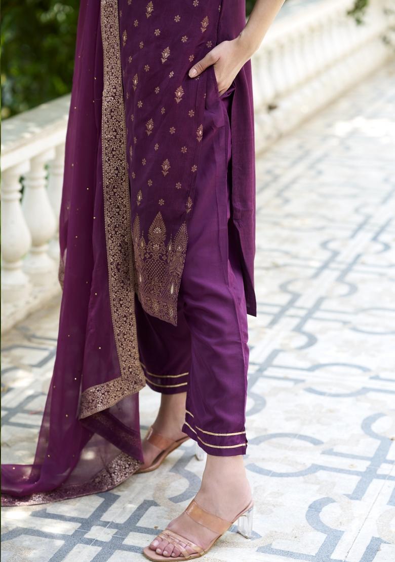 Purple Lace Work Silk Kurta Set - Indya