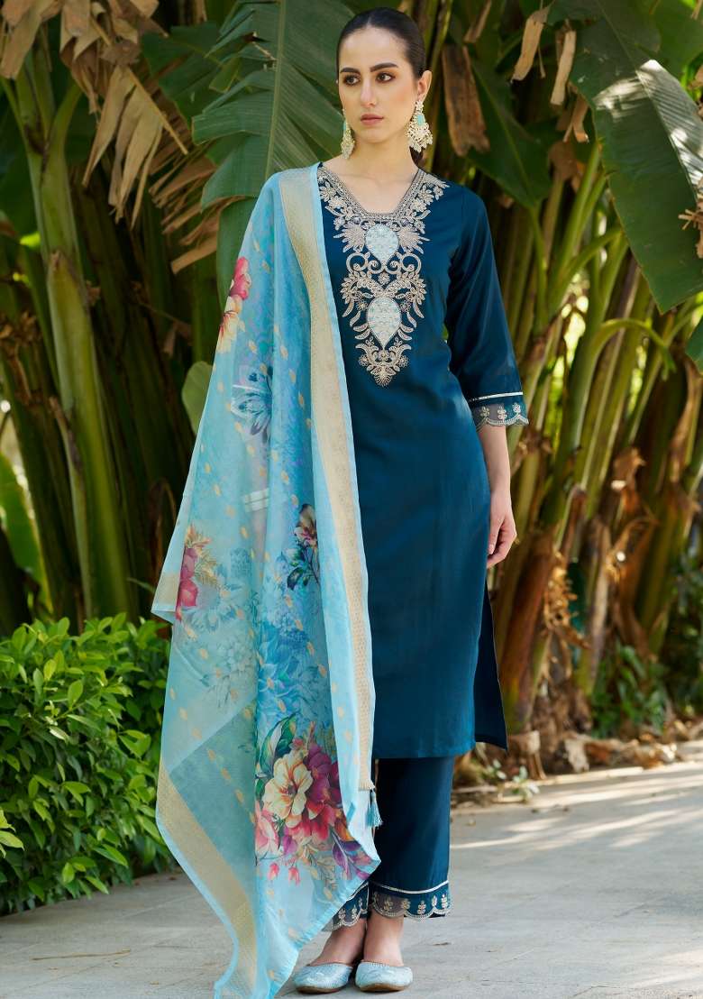 Blue Printed Viscose Kurta Set - Indya