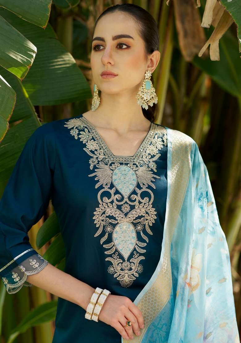 Blue Printed Viscose Kurta Set - Indya