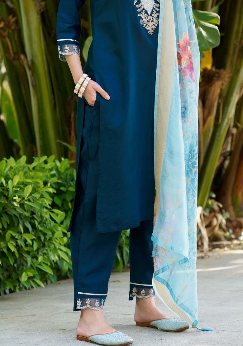 Blue Printed Viscose Kurta Set - Indya