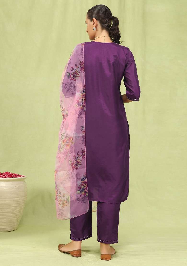 Purple Printed Silk Kurta Set - Indya