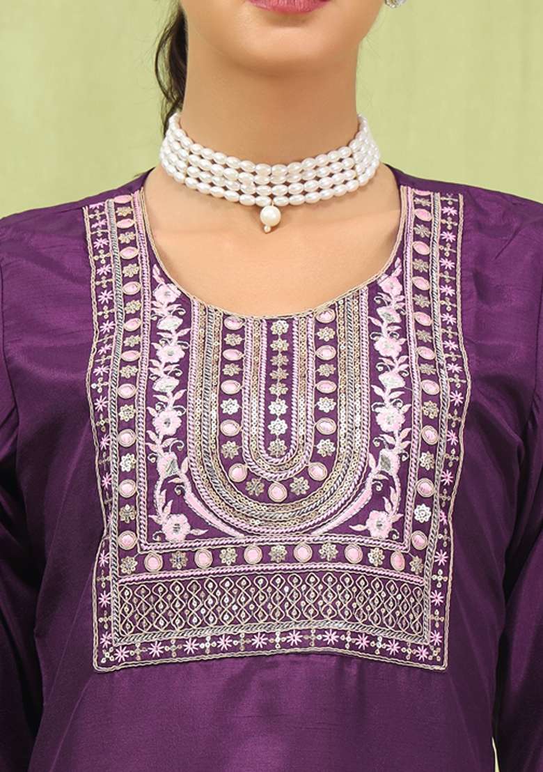 Purple Printed Silk Kurta Set - Indya