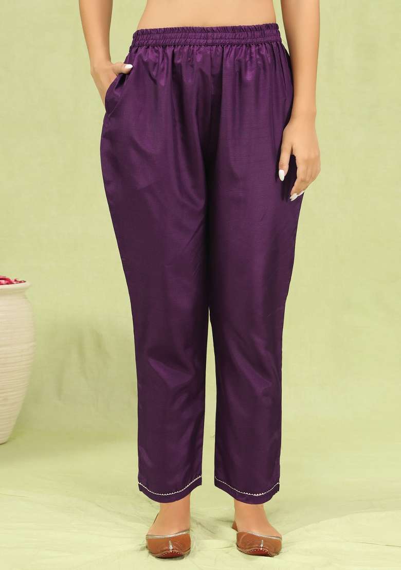 Purple Printed Silk Kurta Set - Indya