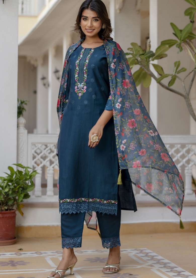 Purple Printed Silk Kurta Set - Indya