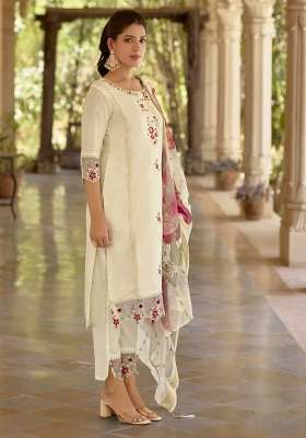White Printed Silk Kurta Set
