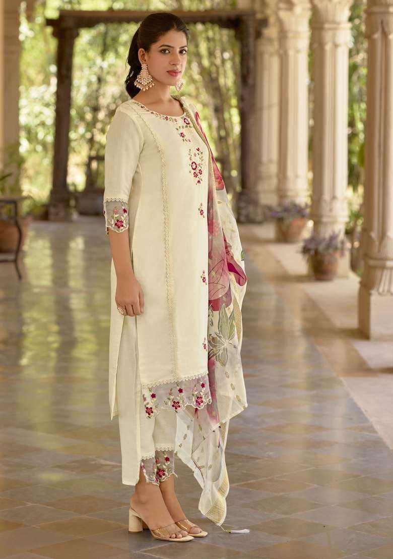 White Printed Silk Kurta Set - Indya