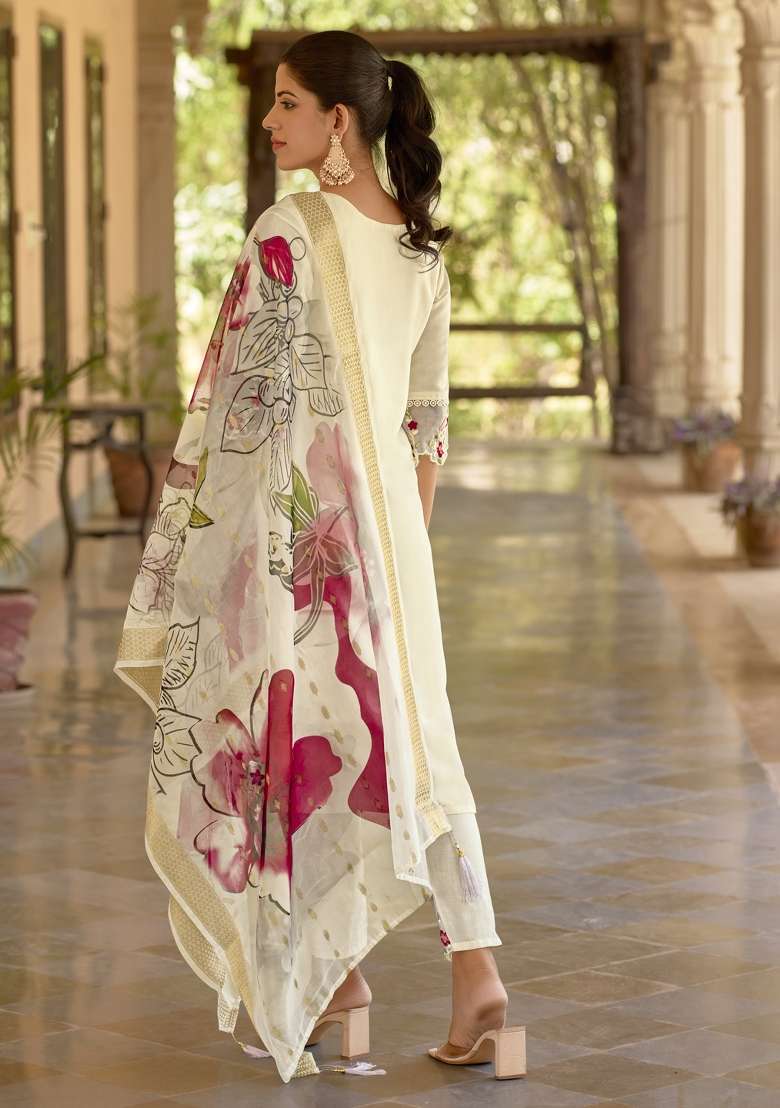 White Printed Silk Kurta Set - Indya