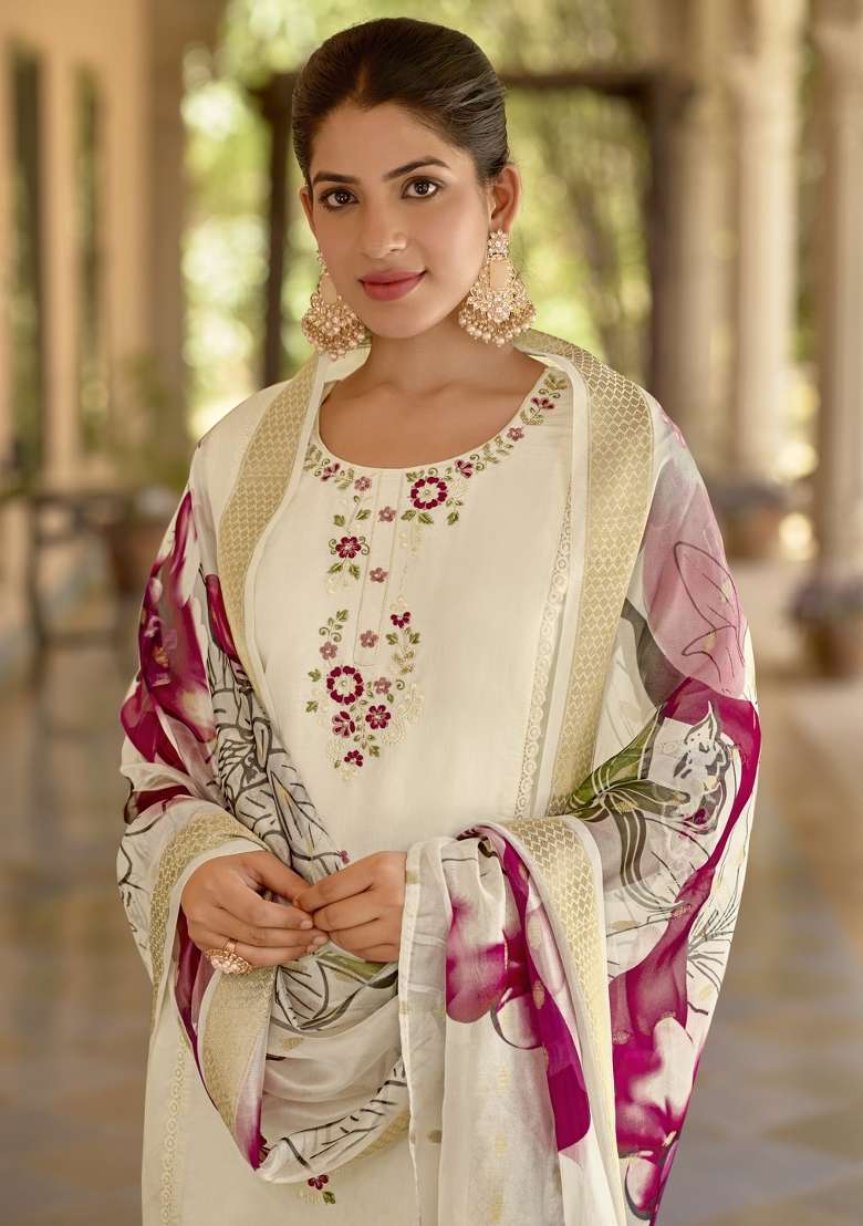 White Printed Silk Kurta Set - Indya