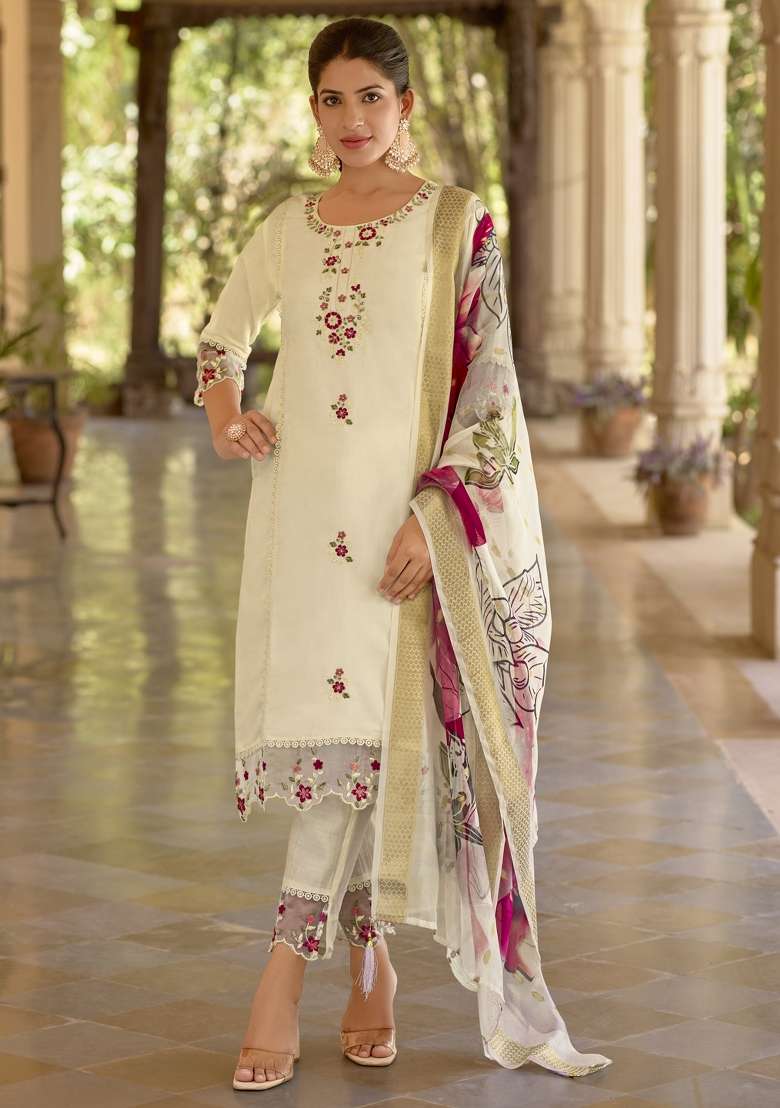 White Printed Silk Kurta Set - Indya