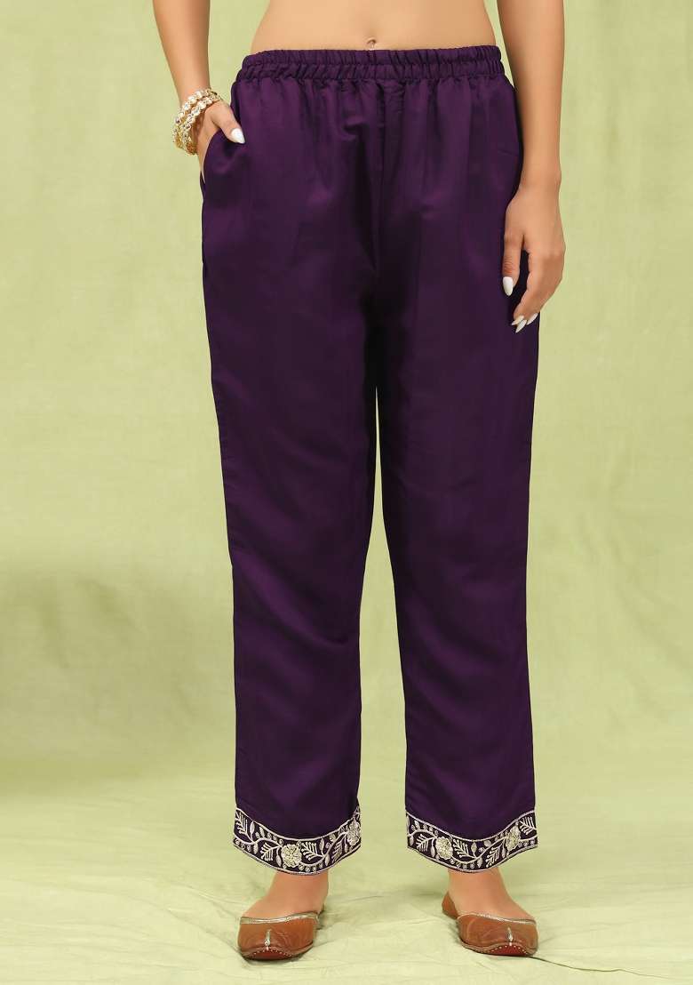 Purple Printed Silk Kurta Set - Indya