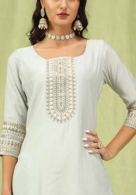 White Printed Silk Kurta Set