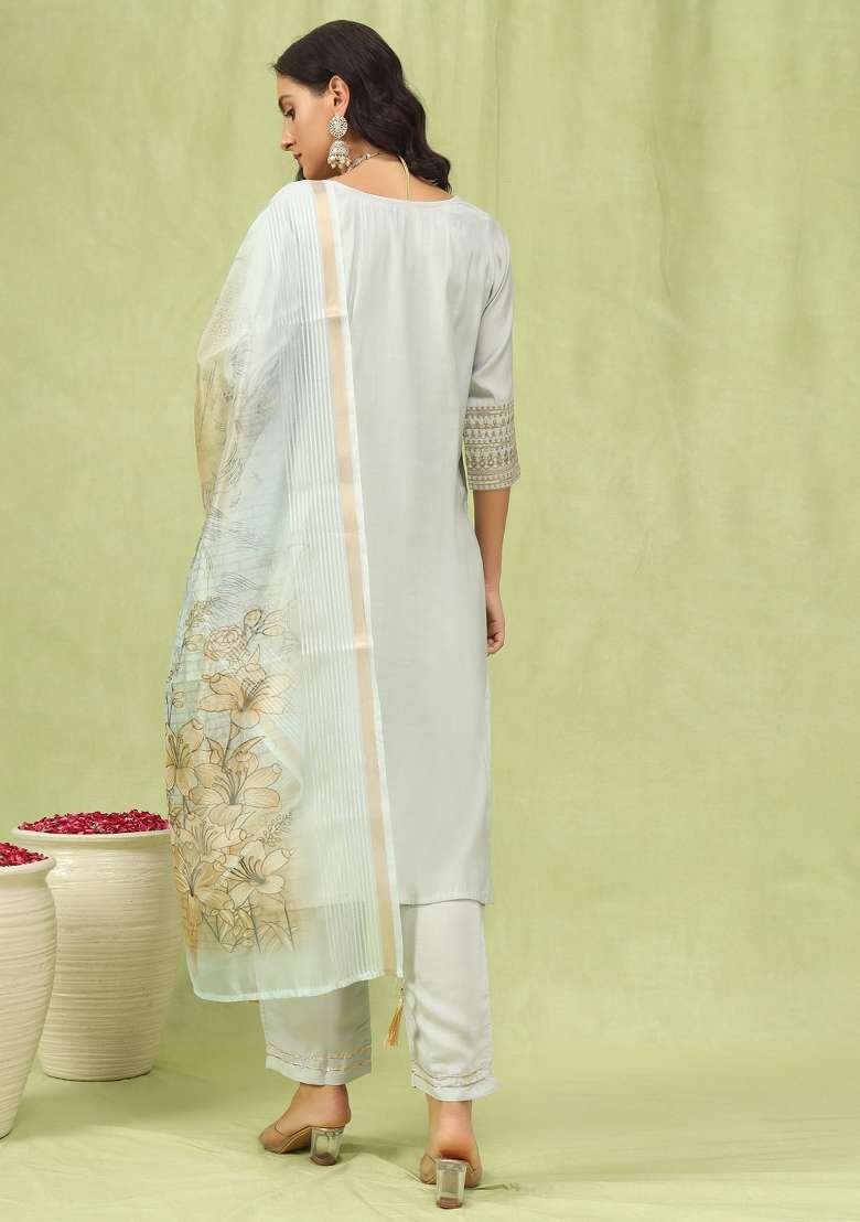 White Printed Silk Kurta Set - Indya