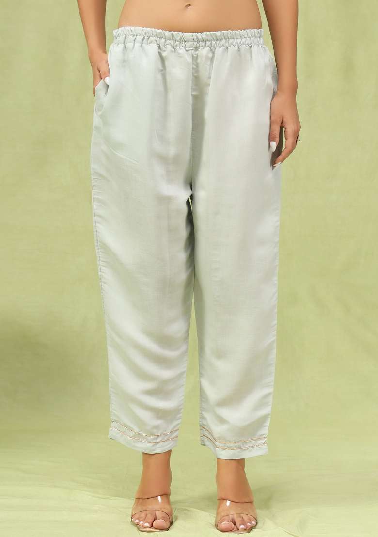 White Printed Silk Kurta Set - Indya