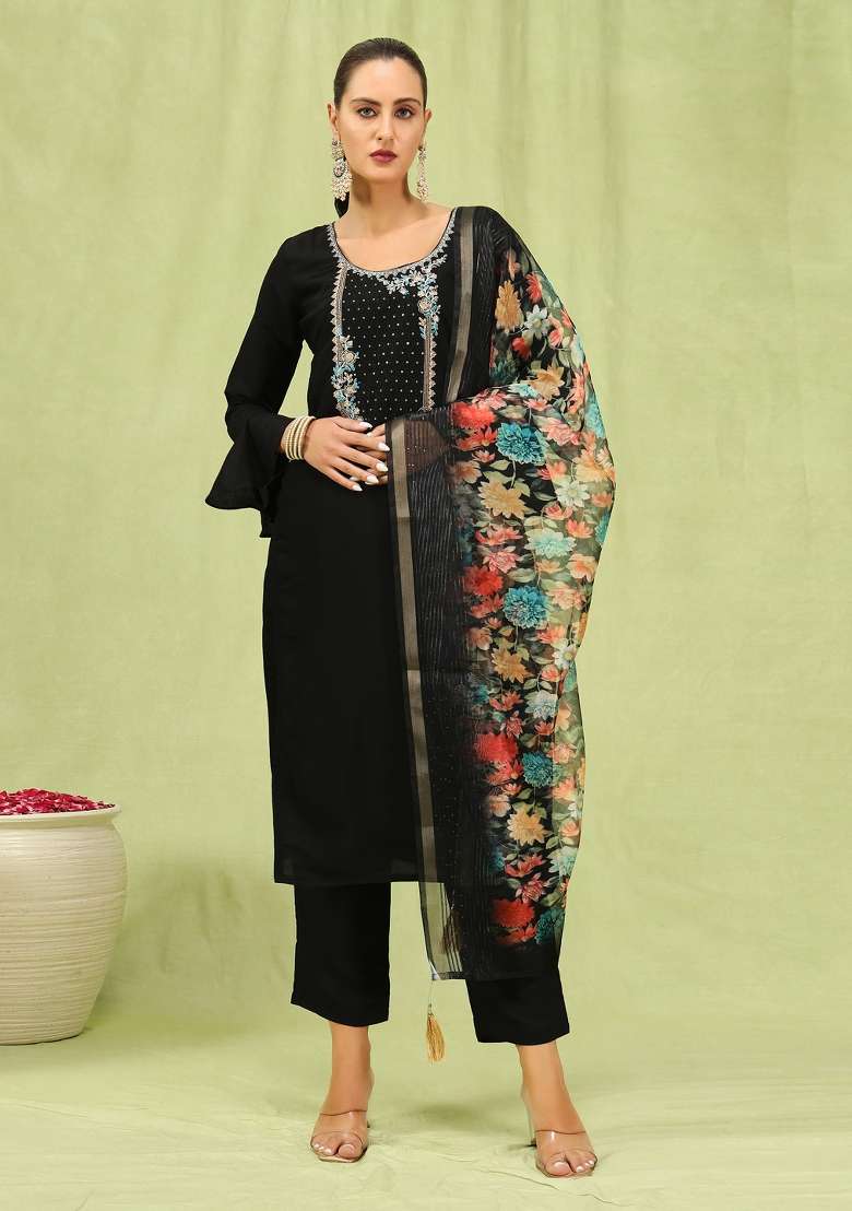 Black Printed Silk Kurta Set - Indya