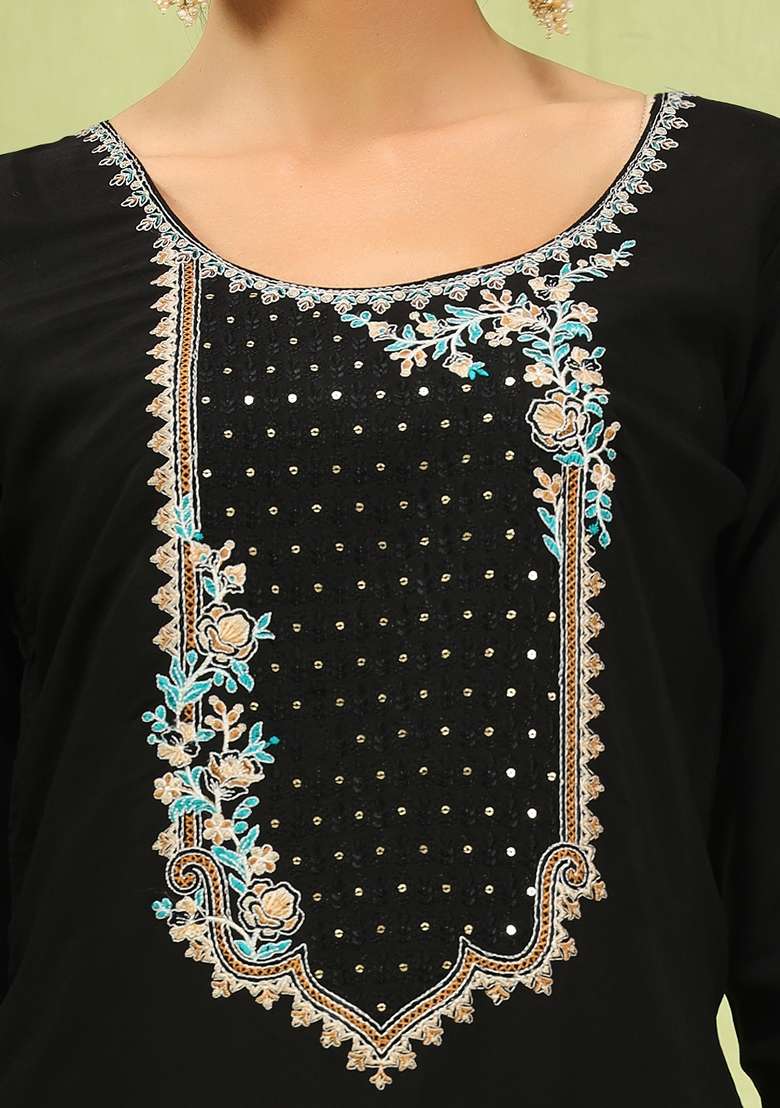 Black Printed Silk Kurta Set - Indya