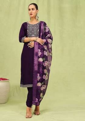 Purple Printed Silk Kurta Set