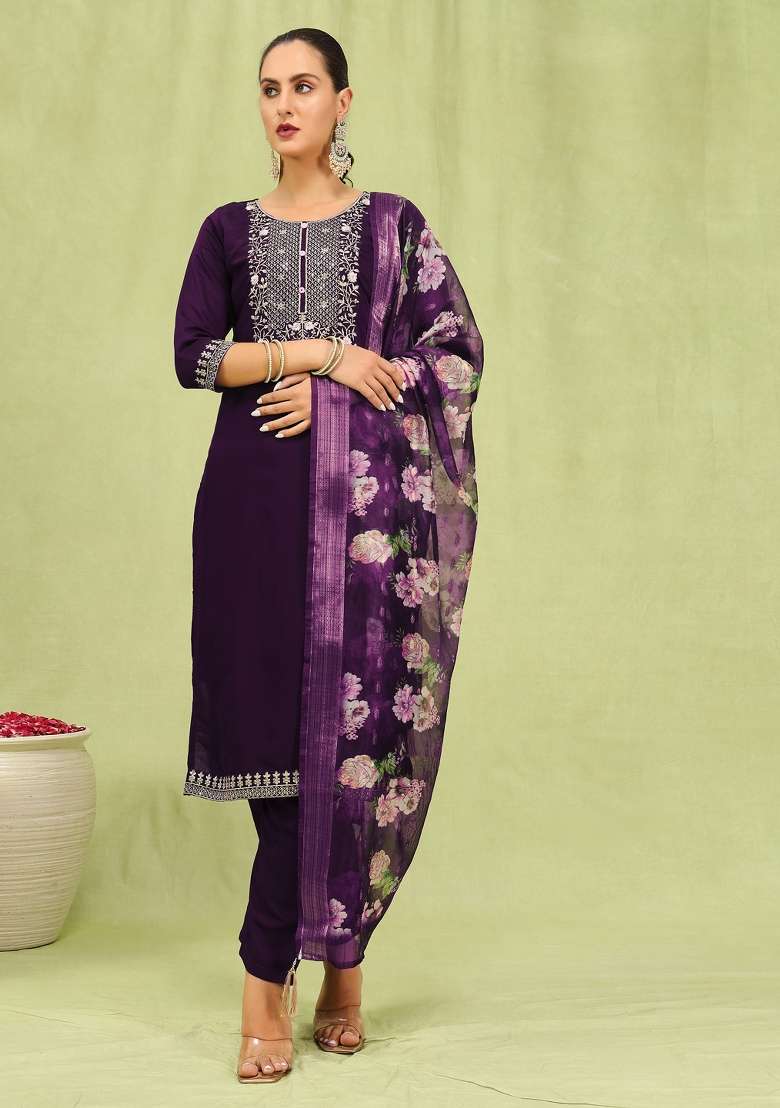 Purple Printed Silk Kurta Set - Indya