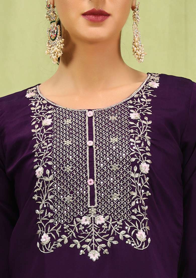 Purple Printed Silk Kurta Set - Indya