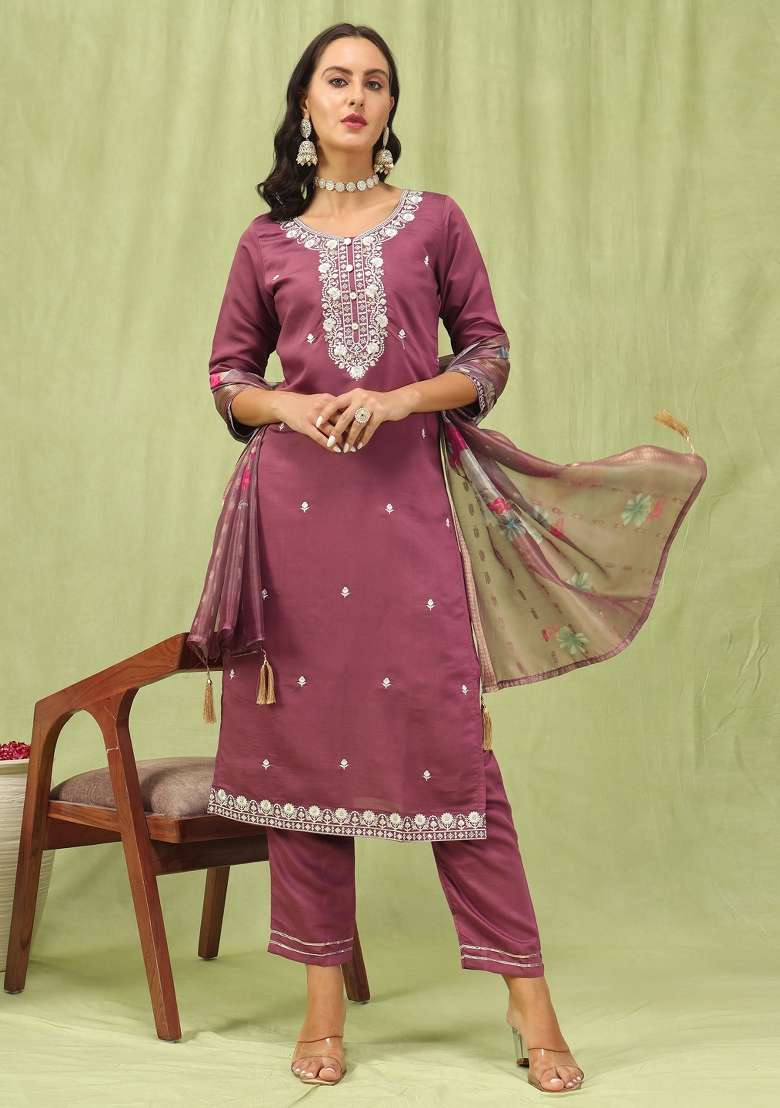 Purple Printed Silk Kurta Set - Indya