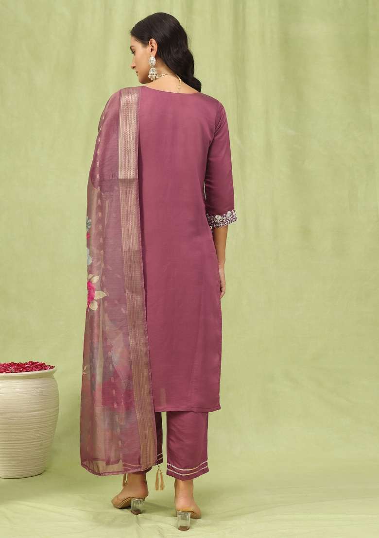 Purple Printed Silk Kurta Set - Indya