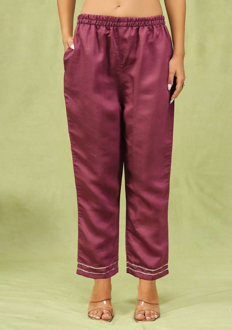 Purple Printed Silk Kurta Set - Indya