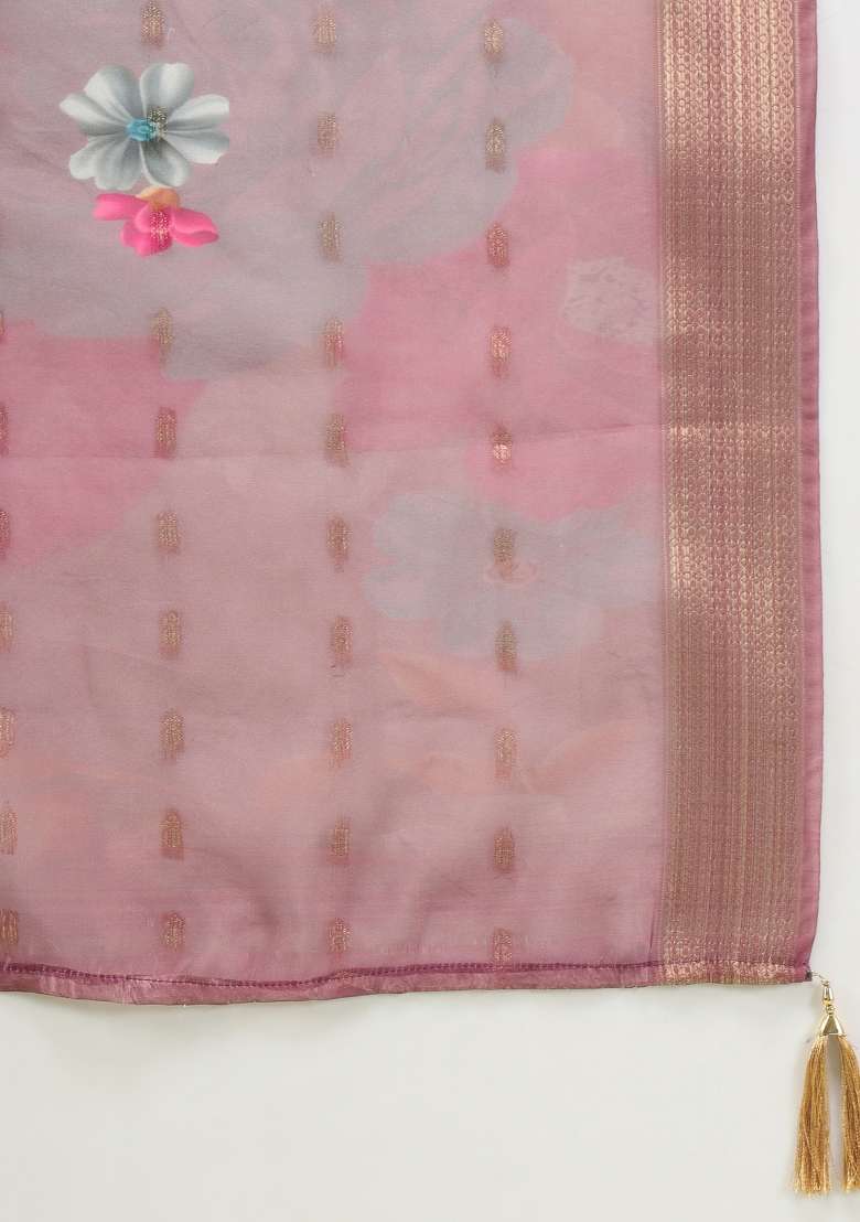 Purple Printed Silk Kurta Set - Indya