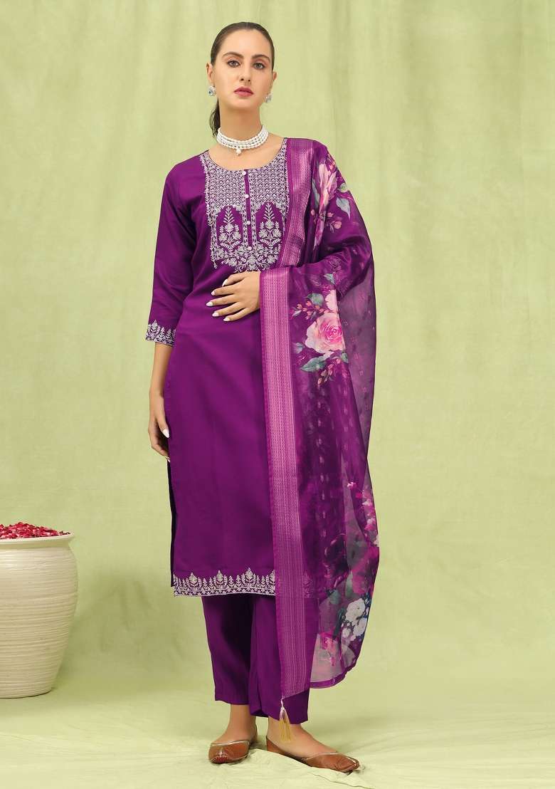 Purple Printed Silk Kurta Set - Indya