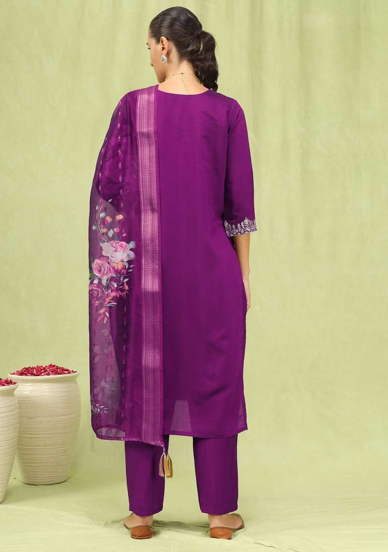 Purple Printed Silk Kurta Set - Indya