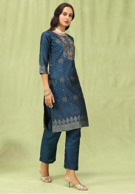Blue Lace Work Silk Kurta Set