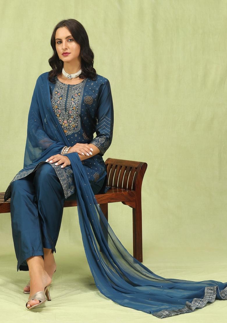 Blue Lace Work Silk Kurta Set - Indya