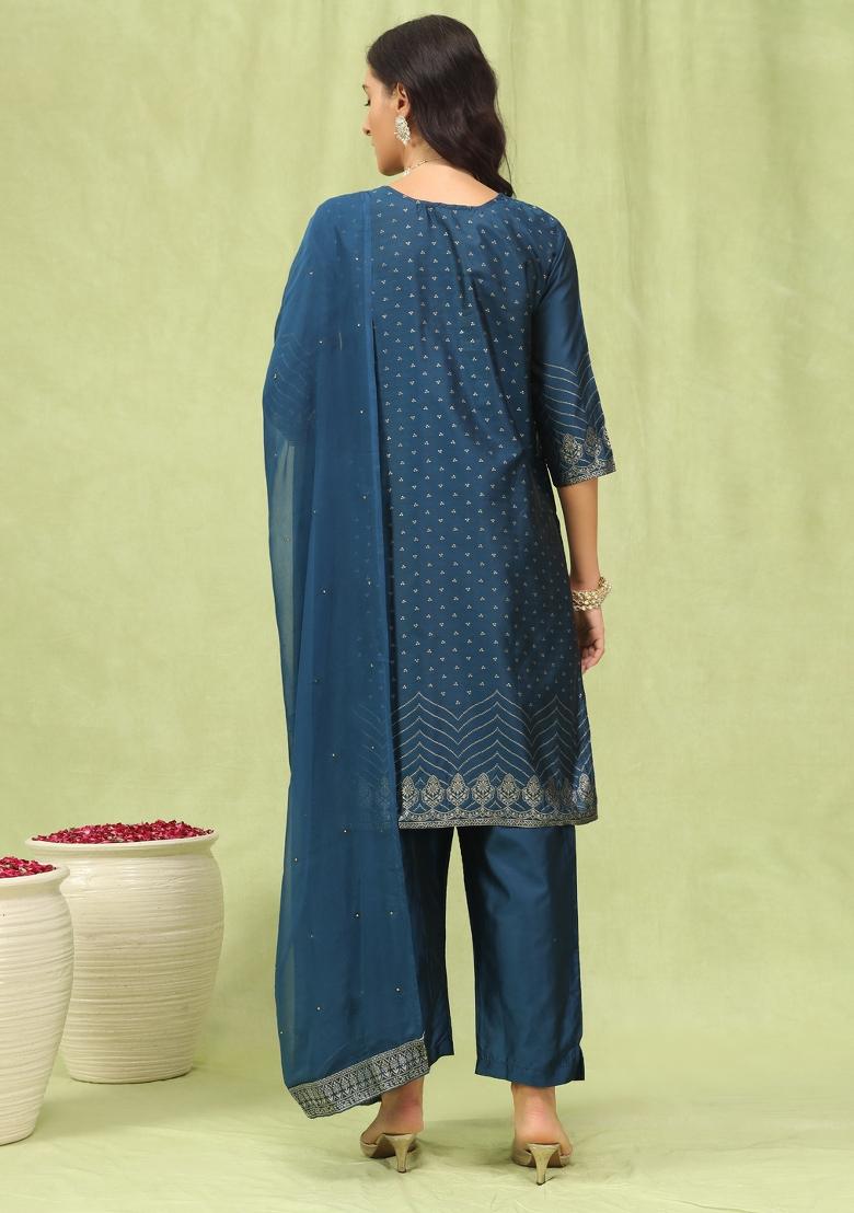 Blue Lace Work Silk Kurta Set - Indya