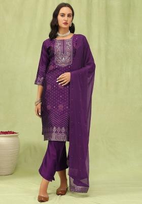 Purple Lace Work Silk Kurta Set