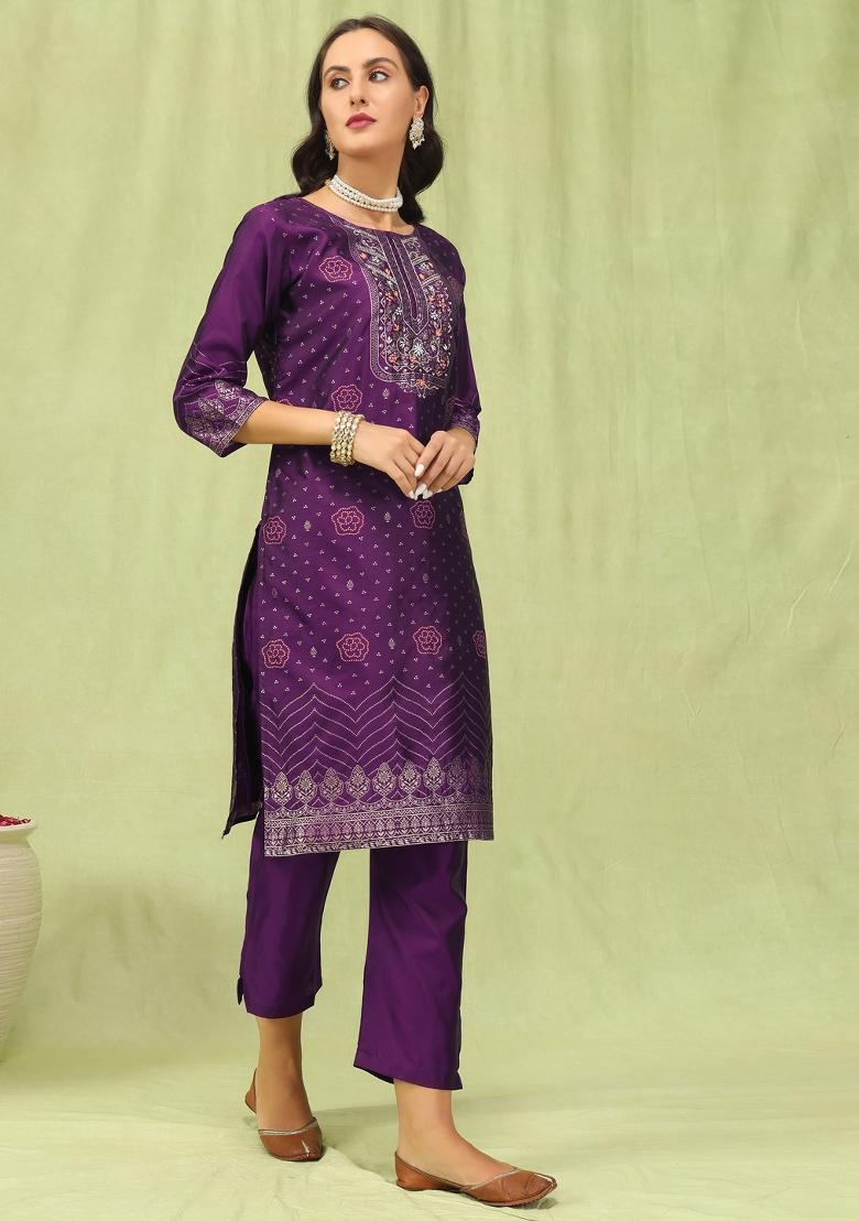 Purple Lace Work Silk Kurta Set - Indya