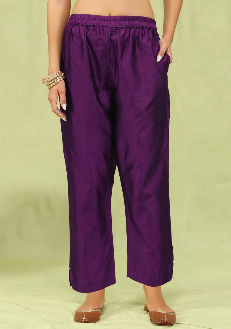 Purple Lace Work Silk Kurta Set - Indya