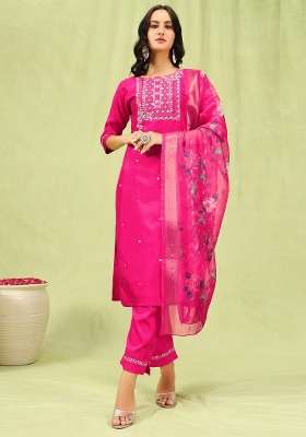 Rani Pink Printed Silk Kurta Set