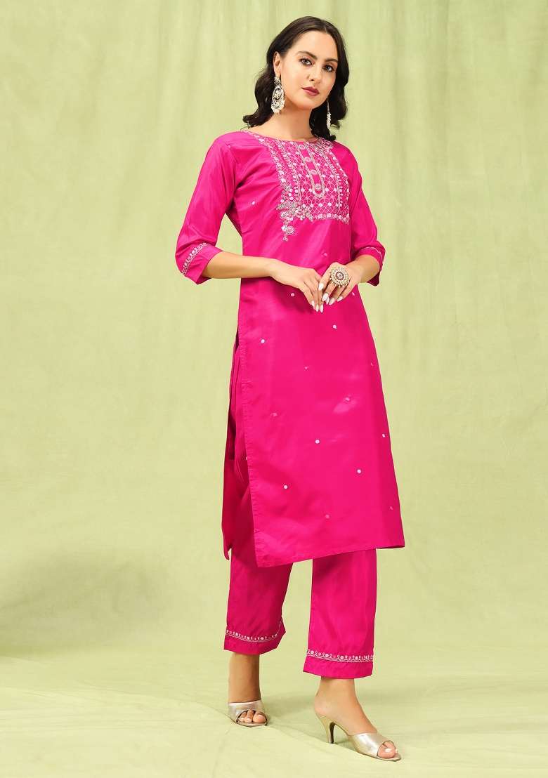Rani Pink Printed Silk Kurta Set - Indya