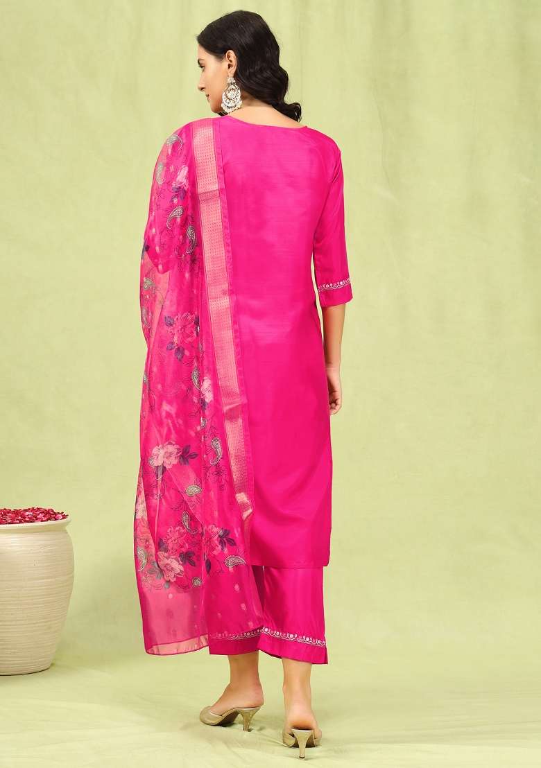 Rani Pink Printed Silk Kurta Set - Indya