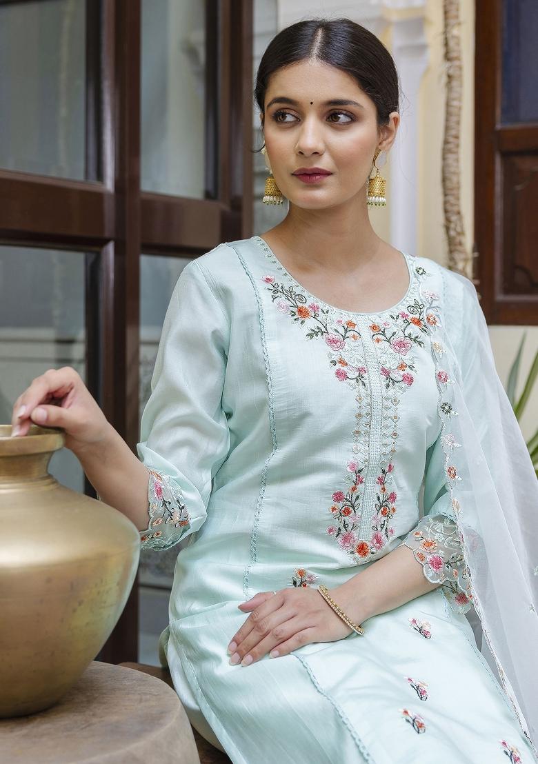Sea Green Embroidered Silk Kurta Set - Indya