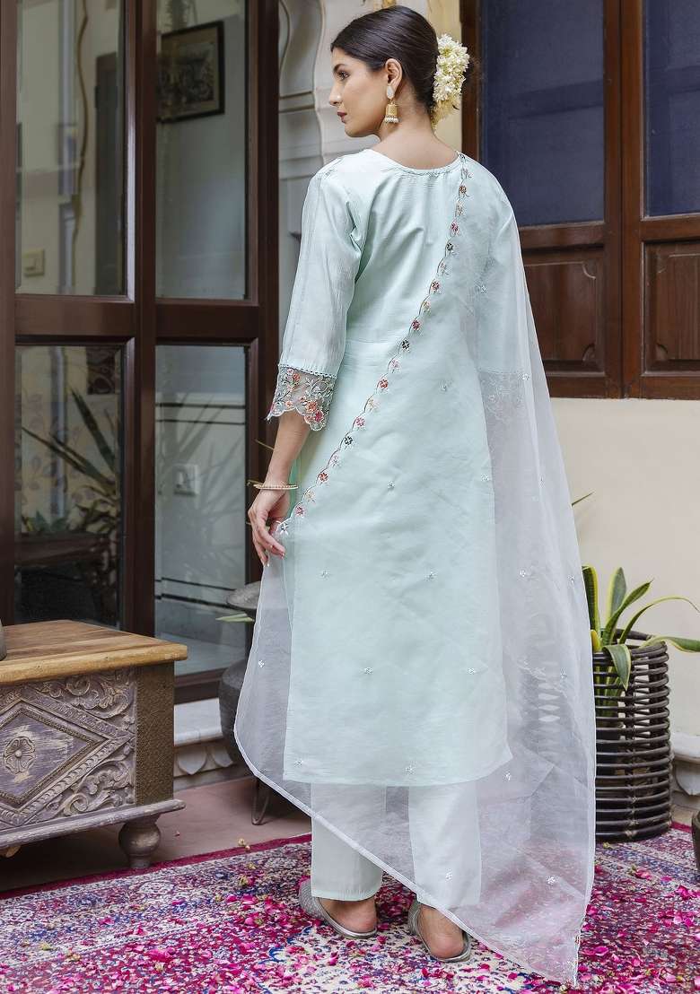 Sea Green Embroidered Silk Kurta Set - Indya