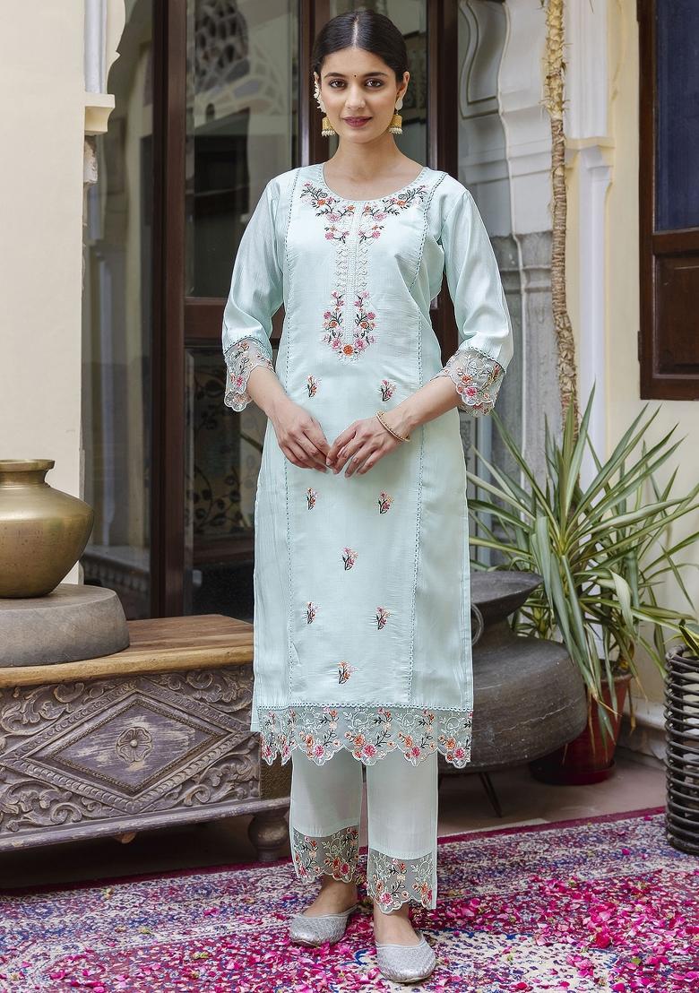 Sea Green Embroidered Silk Kurta Set - Indya