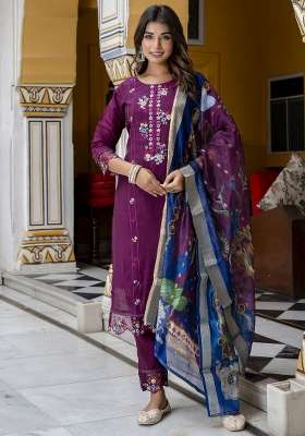 Purple Printed Silk Kurta Set