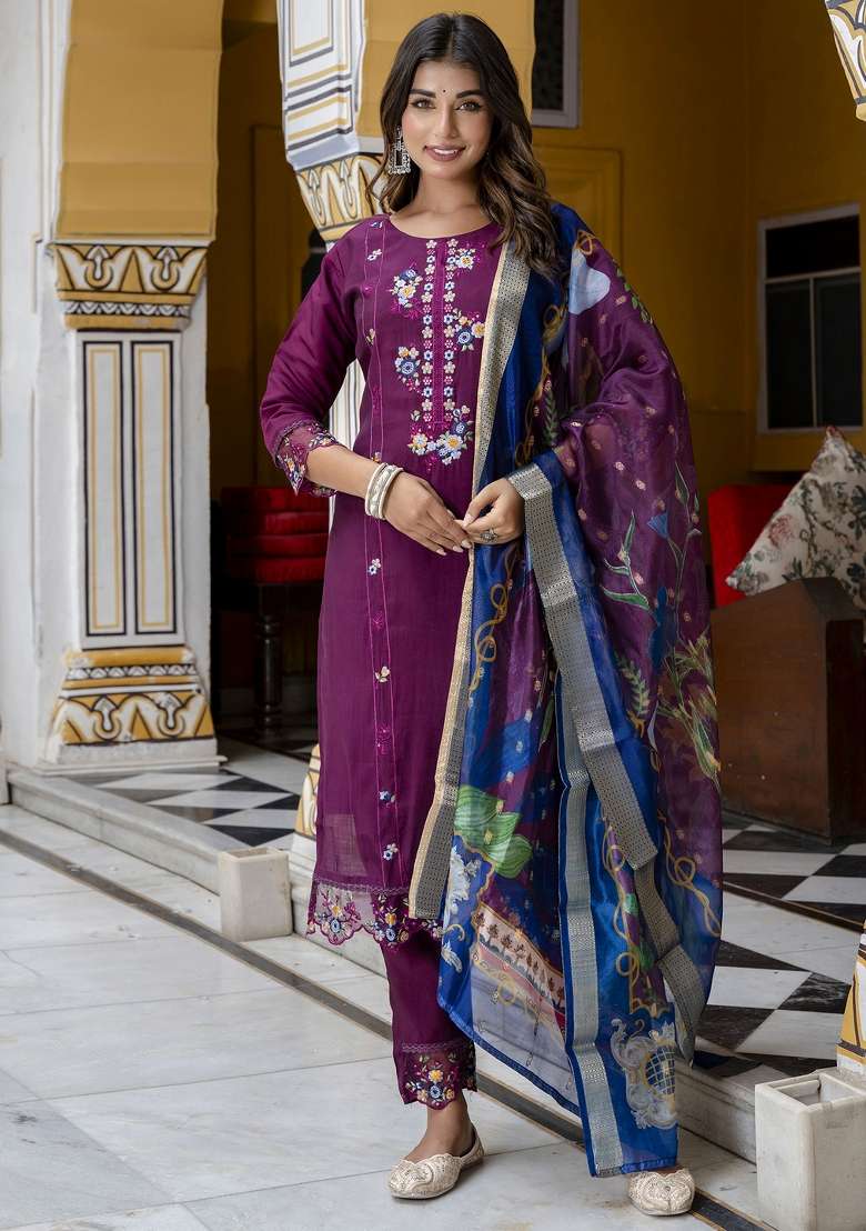 Purple Printed Silk Kurta Set - Indya