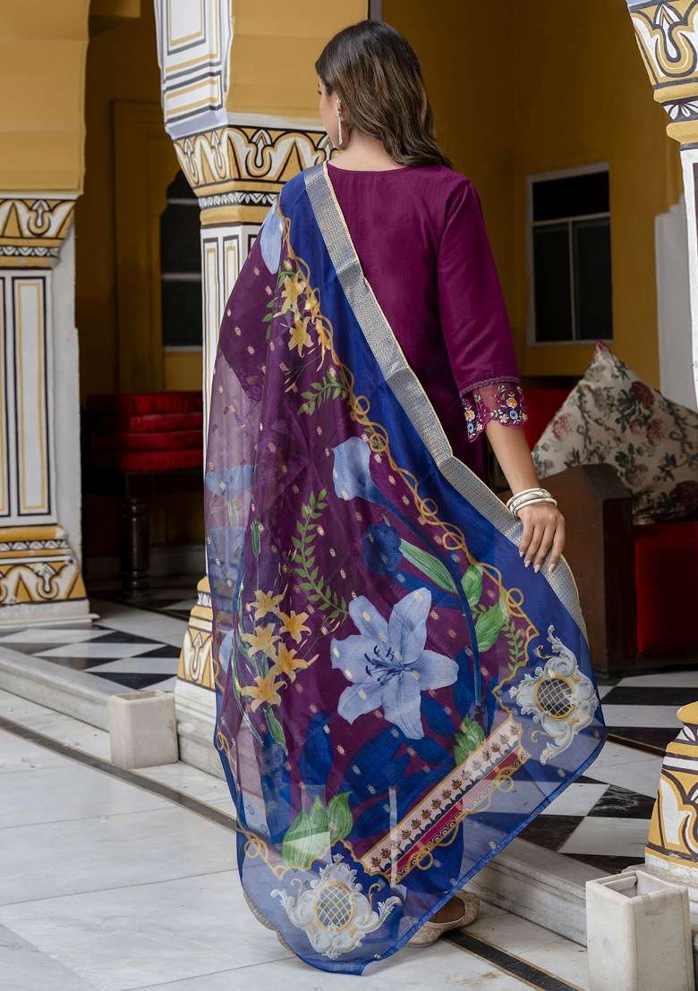 Purple Printed Silk Kurta Set - Indya
